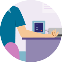 Илюстрация на ръката на пациент, подготвена за измерване на кръвното налягане в лекарски кабинет.